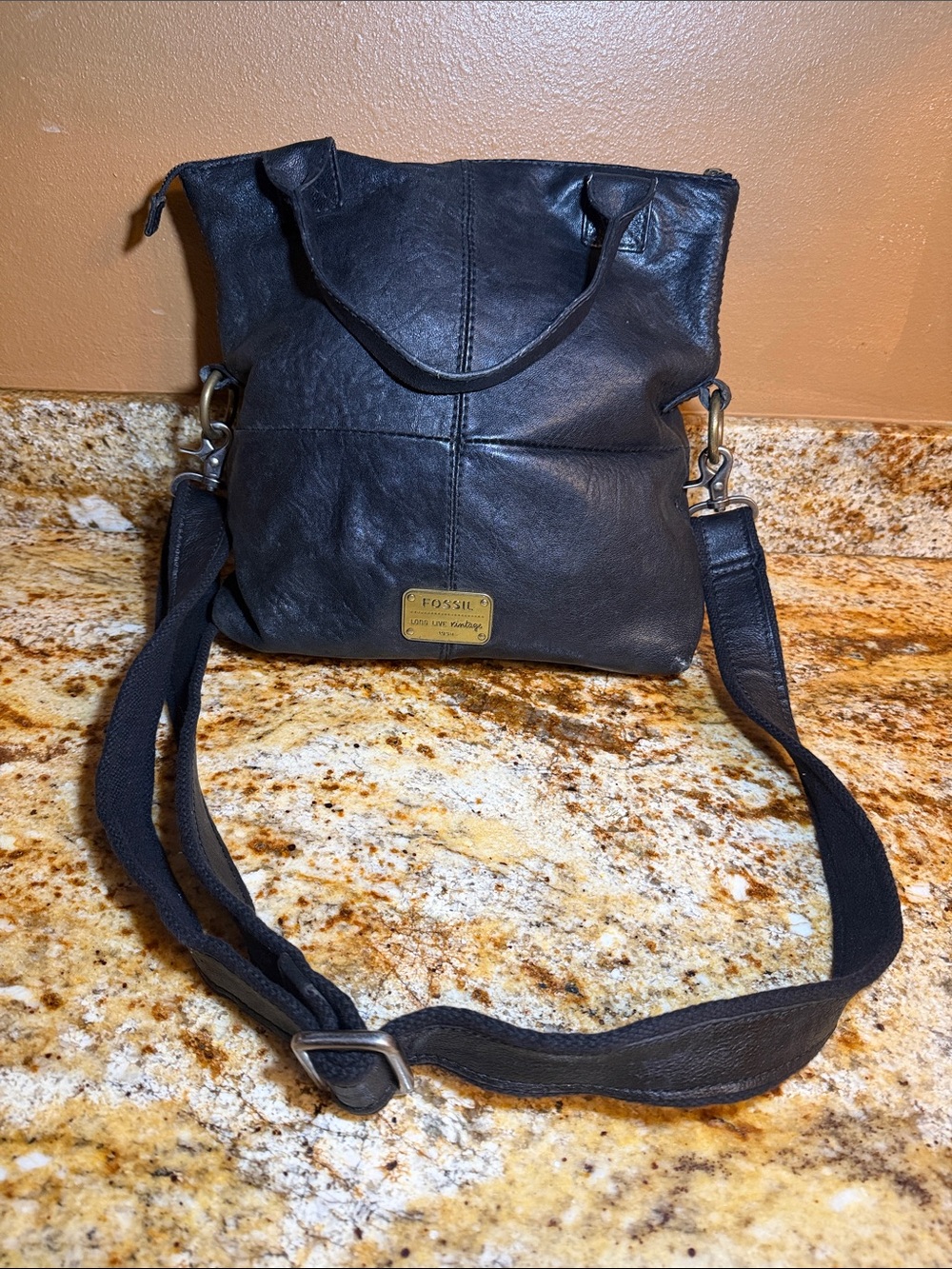 Fossil Black Leather Crossbody with Brass Logo Plate